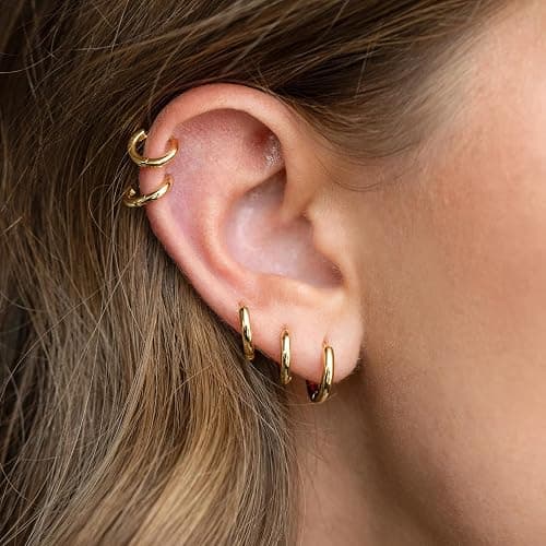 Small Gold Huggie Hoop Earrings Set for Women Men Hypoallergenic 14K Plated Stack Cartilage Earrings, Multiple Piercing Lightweight Mini Thin Cute Dainty Trendy Jewelry Set Christmas Gifts for Women thumbnail 6