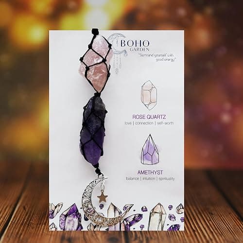BOHO GARDEN Crystal Hanging Car Charm - Purple Rear View Mirror Hanging Car Accessories for Women, Moon Decor Hanging Ornament, Witchy Gifts and Healing Stones - Rose Quartz & Amethyst thumbnail 4
