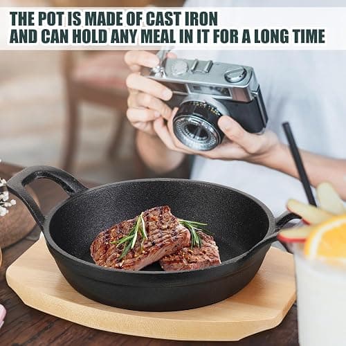 Sliner 4 Sets Mini Cast Iron Skillet Small Cast Iron Plates Skillet with Wooden Base Small Round Pan Fajita Plate Pot for Baking Cooking(6.3 Inches) thumbnail 4