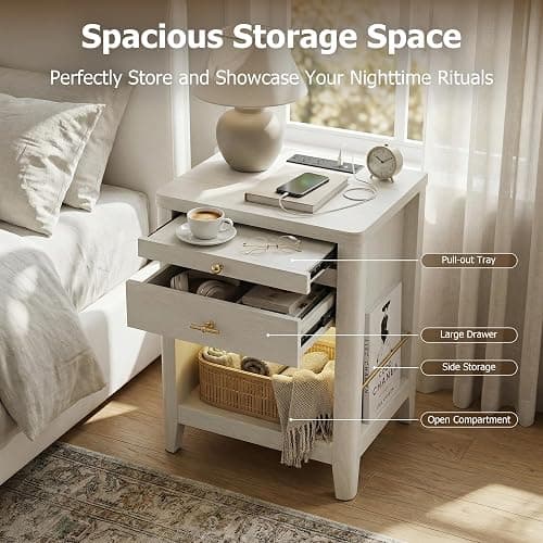 nesture. Nightstand with Charging Station and LED Light, Wood Curved Night Stand with 2 Drawer and Open Shelf,Mid Century Modern Bedside Table with Side Storage for Bedroom,End Table Living Room Wihte thumbnail 5