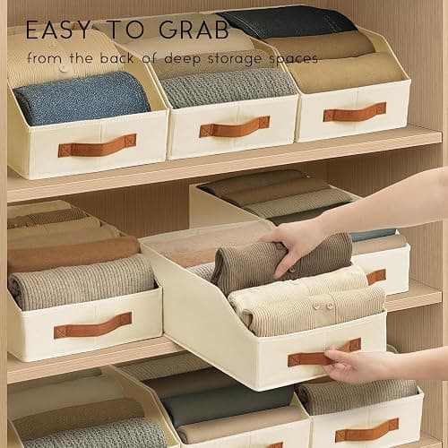 Homsorout Fabric Storage Bins for Organizing - 6 Pack Large Trapezoid Collapsible Storage Bins with Front Handle, Closet Organizers and Storage for Bedroom, Home Shelves, Small Spaces, Beige thumbnail 7