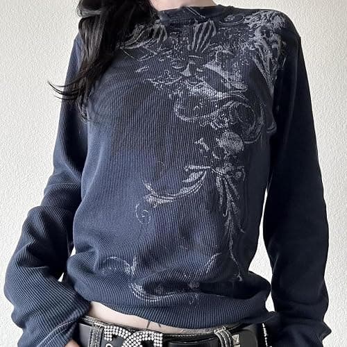 Y2k Fairy Grunge Graphic Long Sleeve Tees Tops Women E-Girls Aesthetic Gothic Skull Print Baggy T Shirts Emo Clothes thumbnail 2