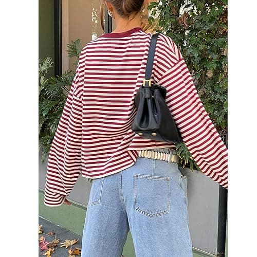 KOSUSANILL Women Oversized Striped Long Sleeve Shirt Crewneck Cropped Tops Drop Shoulder Y2K Preppy Sweatshirt Fall Clothes thumbnail 3