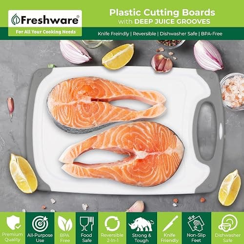 Freshware Cutting Boards for Kitchen, Chopping Board 3-Pack with Different Sizes, Juice Grooves and Non Slip Handles - Reversible, Large Cutting Board Set - Dishwasher Safe - Gray thumbnail 3