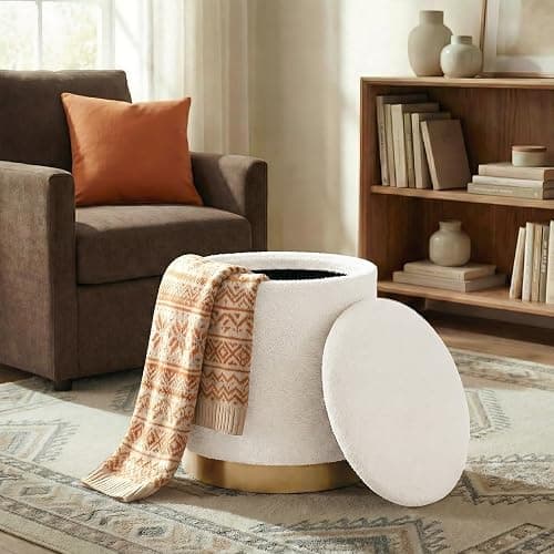 CAIPINFUL 15 Inches Round Storage Ottoman - Boucle Ottoman Foot Rest with Gold for Living Room,Bedroom and Dorm-White thumbnail 3