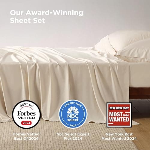 Bedsure Queen Sheet Set, Rayon Derived from Bamboo, Cooling Sheets, PureWoven, Breathable & Soft, Deep Pocket Up to 16", Hotel Luxury Silky Bedding for Hot Sleepers, Light Beige thumbnail 2