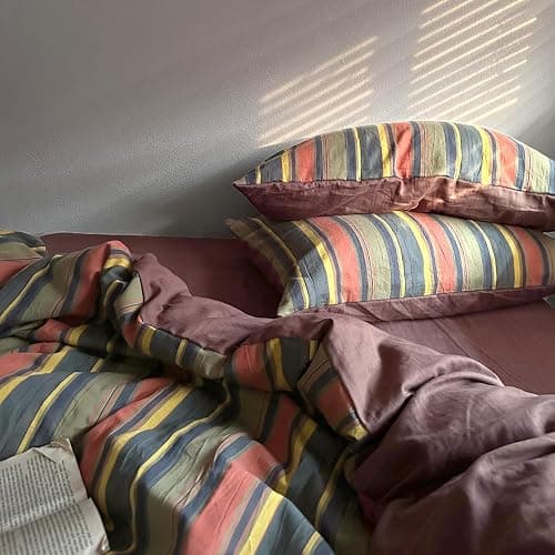 mixinni Vintage Striped Duvet Cover Set Queen Size - 3 Piece 100% Washed Cotton Bedding Set, Soft & Breathable, Colorful Striped Pattern Printed Comforter Cover for All Seasons thumbnail 6