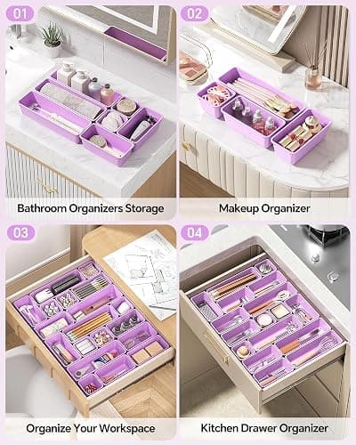 Canfanni 13 Pack Plastic Drawer Organizers Set, 3 Sizes Desk Drawer Organizer Trays for Vanity and Makeup Organizer, Organization and Storage for Makeup, Kitchen Utensils, Bathroom and Office(Purple) thumbnail 6