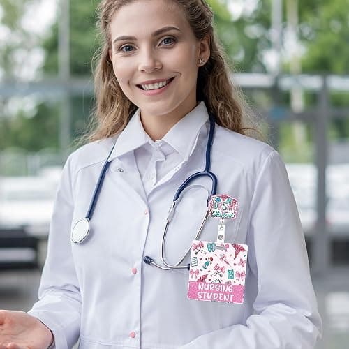Pink Bow Nursing Student Badge Reel with Badge Buddy for Nursing Students | Retractable id holder with swivel clip, and patterned role card with bold medical graphics thumbnail 4