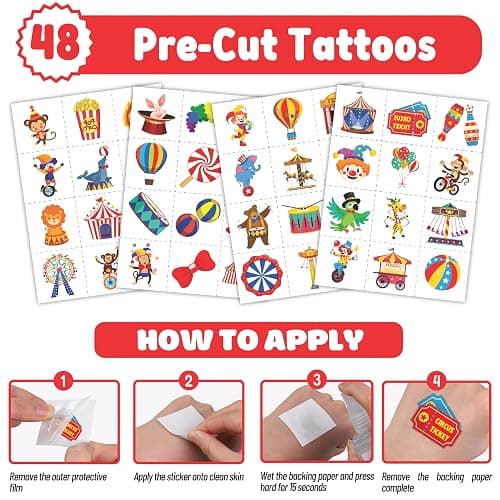 Cherisnowy 72PCS Carnival Party Set 48PCS Temporary Tattoos & 24PCS Slap Bracelets Fun Circus Themed Birthday Supplies, Baby Shower Gifts, Classroom Rewards & Party Decor for Kids Boys & Girls thumbnail 5