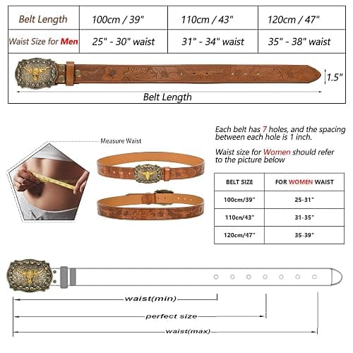 Mawjom Western Cowboy PU Leather Belt - Men Waist Strap Bull Decoration Floral Engraved for Jeans 25" to 38" Waist thumbnail 3