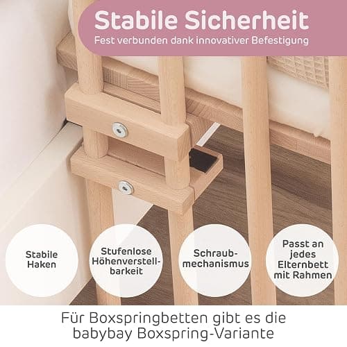 babybay Maxi lit cododo en Bois de hêtre Massif/Compact et modulable/Hauteur du lit réglable en continu/lit bébé évolutif (Naturel Non traité) / avec Matelas, Barres, Roues thumbnail 6