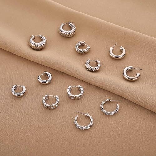 Wgoud Chunky Hoop Earrings Set 14K Gold Plated Hoop Earrings for Women Hypoallergenic, Thick Twisted Huggie Hoops Earring Set thumbnail 4
