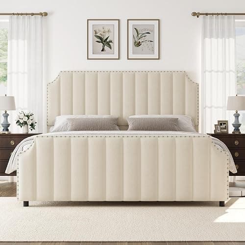 GarveeHome Queen Size Platform Bed Frame with 50.2 in Headboard, Velvet Upholstered Bed Frame Queen with Vertical Channel Tufted Headboard & Footboard, Nailhead Trim, No Box Spring Needed, Cream thumbnail 3