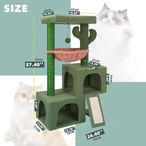 AIWIKIDE 37.4" Cactus Cat Tree Tower with Twin Cat Condos for Indoor Cats, All-in-One Activity Center with Cat Scratching Post Cozy Sleeping Perch Hammock and Toy Balls,Green … thumbnail 2