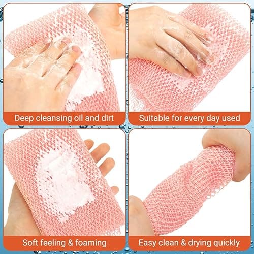 Geiserailie African Net Sponge Long Bathing Net Shower Body Scrubber Back Scrubber Skin Smoother Bathing Sponge for Daily Use or Stocking Stuffer(Light Pink) thumbnail 4