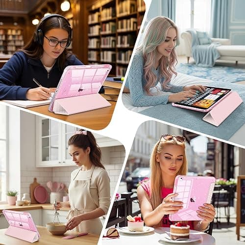 MEEgoodo Case for iPad 10.2 inch(9th Generation 2021/8th Gen 2020/7th Gen 2019), Glitter Tablet Cases with Transparent Acrylic Back+Trifold Stand+Pencil Holder+Auto Wake/Sleep,Blush Pink & Polka Dots thumbnail 7