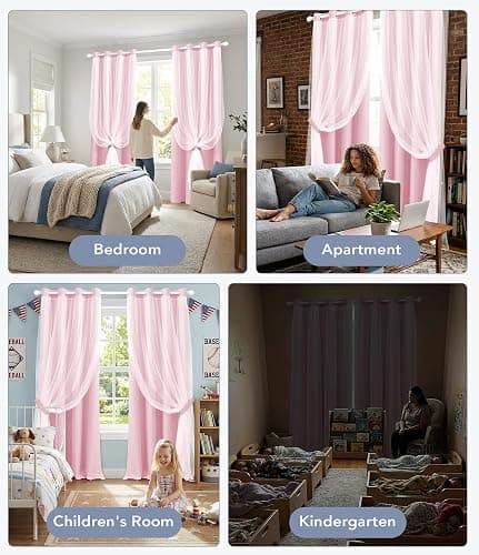 TopNaps 100% Blackout Curtains with Sheer Overlay, 2 Panels Thermal Insulated Double Layer Grommet Drapes for Girls Bedroom Living Room Darkening Apartment Windows Decor, 52" W x 84" L, Pink thumbnail 7