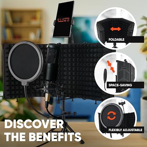 Glemoriol Microphone Isolation Shield with Phone Holder, Pop Filter & Desktop Stand – Sound Proofing Studio Setup for Enhanced Sound Quality | Home Recording, Podcast Equipment & Sound Production thumbnail 7
