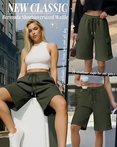 JoyMotion Women's Waffle Cargo Bermuda Shorts | Knee Length Sweatshorts, Wide Leg Shorts, with Elastic Waist Pocket, Casual Summer Clothes, Workout Lounge, Breathable Fabric thumbnail 3