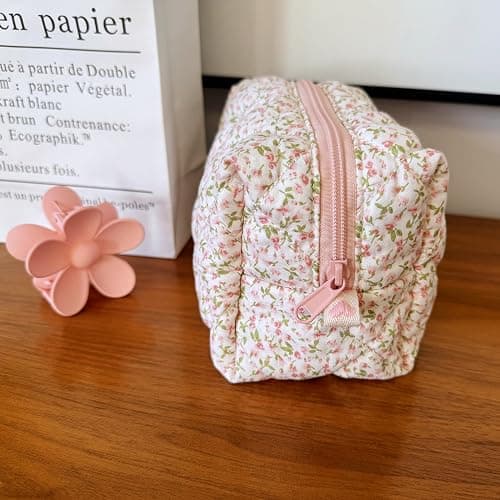 ZUNUONUO Cotton Quilted Makeup Bag Coquette Accessories Make up Bag Organizer Cute Floral Cosmetic Pouch Travel Makeup Bag for Women (Little Roses) thumbnail 4