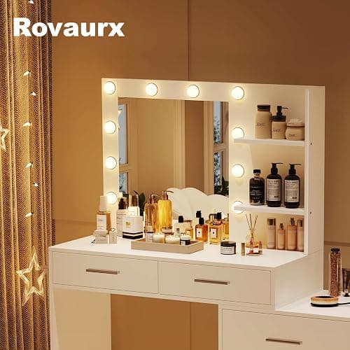 Rovaurx 65" W Makeup Vanity Set with Mirror and 3-Color Lights, Large Vanity Table with 8 Drawers & Side Storage Shelf, Adjustable Width, Bedroom Dressing Table with Stool, for Women, White RSZT109WD thumbnail 4
