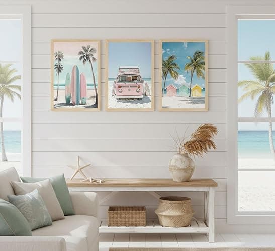 3Pcs Pink Beach Wall Art Tropical Teen Girl Coastal Canvas Poster Print Surfboard Palm Picture Wall Decor for Beach Room Bathroom Living Room Bedroom 12x16in Unframed thumbnail 2