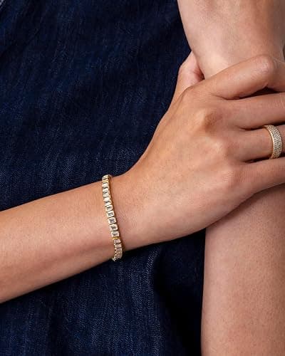 PAVOI 14K Gold Plated Tennis Bracelets for Women - Bezel Set Cubic Zirconia Bracelet - Simulated Diamonds Round, Trillion, Trinity, Radiant, Pear, Heart Cut Stones Wedding Jewelry Gifts for Brides thumbnail 2