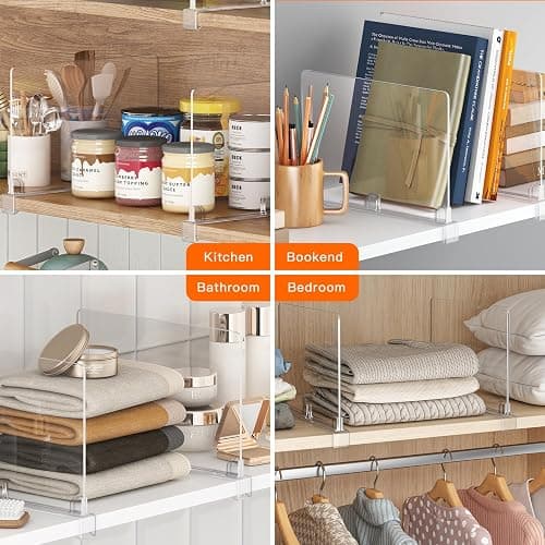 Fixwal 8 PCS Detachable Acrylic Shelf Dividers for Closet Organization Clear Shelf Divider for Closet Organizers and Vertical Purse Organizer for Closet, Bedroom, Kitchen, Office, Cabinets, Bathroom thumbnail 7