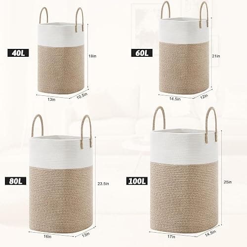 Laundry Basket,Woven Cotton Rope Laundry Hamper,Versatile Storage for Dirty Clothes,Baby Toys,and Blankets in Bathroom, Nursery,and Living Room (Brown, 100L) thumbnail 2