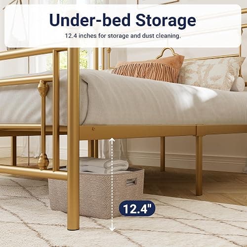 Allewie Queen Size Metal Platform Bed Frame with Victorian Vintage Headboard and Footboard/Mattress Foundation/Under Bed Storage/No Box Spring Needed/Noise-Free/Easy Assembly, Gold thumbnail 5