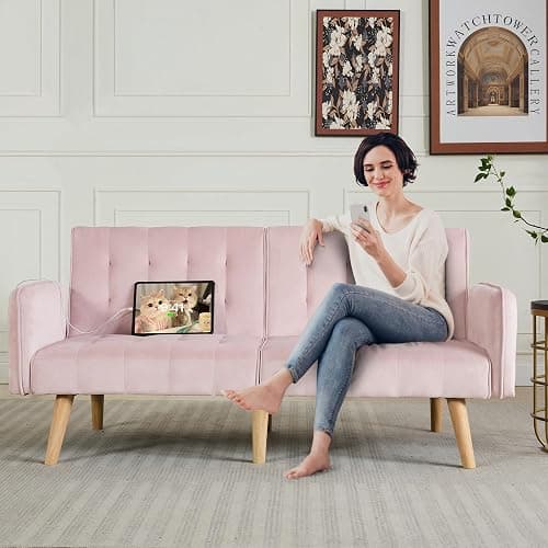 TYBOATLE 65" W Velvet Modern Convertible Folding Futon Couch Sofa Bed w/ 2 USB Charging Ports and arms, Loveseat for Compact Living Space, Dorm, Game Studio, Bonus Room, Apartment, Bedroom (Pink) - Pink thumbnail 9