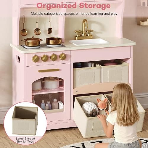 knoworld Play Kitchen for Kids, Wooden Toy Kitchen Set with Smart Storage & Accessories, Toddler Kitchen Playset with Stove & Oven, Pretend Play Set, Gift for Ages 3+, Pink thumbnail 4