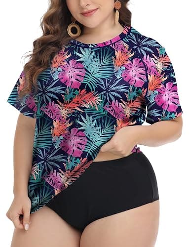 FOREYOND Plus Size Rash Guard Shirts for Women Short Sleeve UPF 50+ Sun Protection Swimwear Swim Suits Top - Colorful Leaves - XX-Large Plus - Image 1
