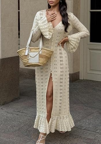 Unybwonn Long Cardigans for Women Crochet Hollow Out Knit Sweater Cover up Maxi Dress Long Sleeve Button Down Cardigan thumbnail 4