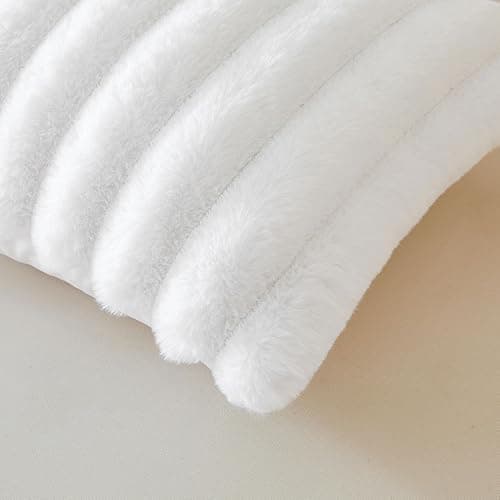 MEGO Fluffy Faux Rabbit Fur Body Pillow Cover, Soft Plush Fuzzy Wide Striped 20x54 Zippered Body Pillowcase, Decorative Shaggy Furry Bedroom Long Pillow Cover for Pregnant Women Side Sleeper, White thumbnail 4