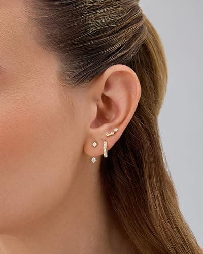 PAVOI 18K Gold Plated 925 Sterling Silver Posts Three Pairs Statement Earrings for Women - Cubic Zirconia Gold Earring Pack - Front Back Ear Jacket Crawler Stud Huggie Piercing Jewelry Set thumbnail 2