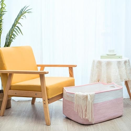 MINTWOOD Design 22in Extra Large Blanket Basket Holder Living Room, Rectangle Rope Woven Storage Basket with Handles for Laundry, Pool Towels, and Shoes, Dog Toy Organizer Bin Box, Light Pink thumbnail 4