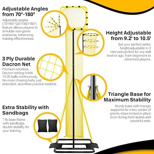 Dimples Excel 10.5 FT Adjustable Volleyball Setter Training Net with 3 Height Levels and 5 Ball Return Angles (70°–180°), Includes Volleyball, Pump, Carry Bag & Sandbags for Indoor/Outdoor Practice thumbnail 2
