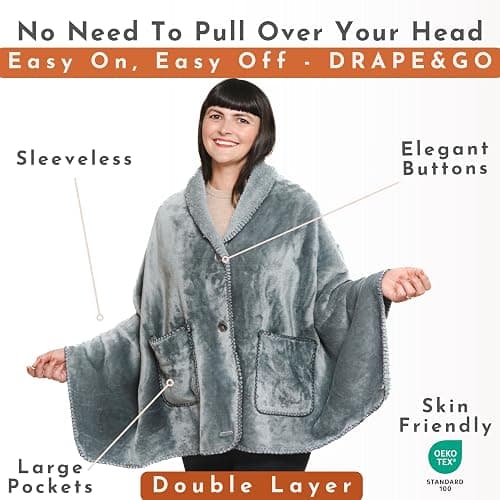 Premium Double Layer Poncho Blanket -No Sleeves Easy On Easy Off- Drape and Go- Top Christmas Gifts for Grandma, Gift for Mom and Elderly Women (Silver Grey) thumbnail 3