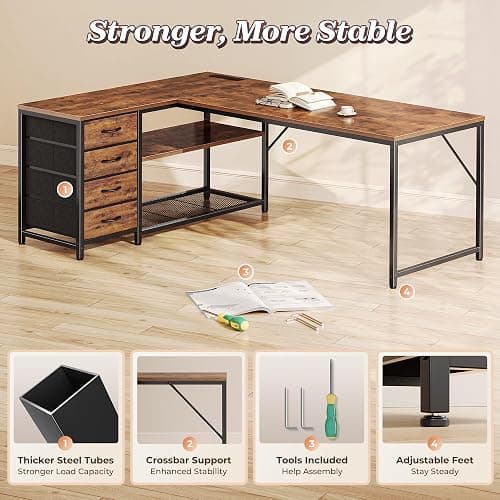 PRAISUN 61" L Shaped Desk with Power Outlets and USB-C Port, Reversible Computer Corner Office Desk with 4 Fabric Drawers and 2 Height-Adjustable Shelves, Large for Gaming Writing Study, Rustic Brown thumbnail 8
