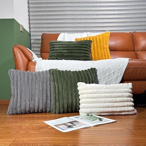 12x20 Throw Pillow Covers Set of 2, Decorative Faux Fur Covers for Bed, Couch Soft Fluffy Pillow Cover with Velvet Back for Living Room, Neutral Home Décor Accent for Sofa - Green - Green - 20" x 12" (Pack of 2) thumbnail 2