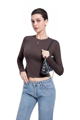 Abonlen Long Sleeve Shirts for Women Crewneck Basic Tees T Shirts Fitted Crop Tops Y2k Going Out Tops thumbnail 5