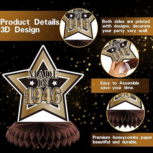DARUNAXY Vintage 1946 80th Birthday Party Decorations for Men Women(30PC) | Vintage Back in 1946 Banner, Black 80 Number Balloons & Cake Topper, 80 Birthday Honeycomb Hanging Swirl Party Supplies thumbnail 5