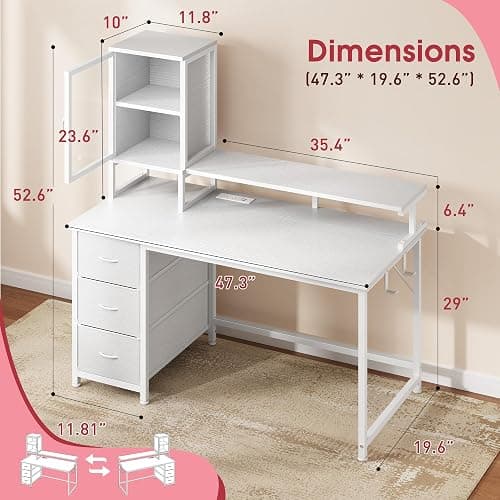 DurayLoly 47" White Computer Desk with 2 Acrylic Cabinet & 3 Fabric Drawers | Integrates Ample Storage & Display, Great Fit for Small Spaces, Outlets Suitable for Studying, Working & Gaming Equipments thumbnail 3