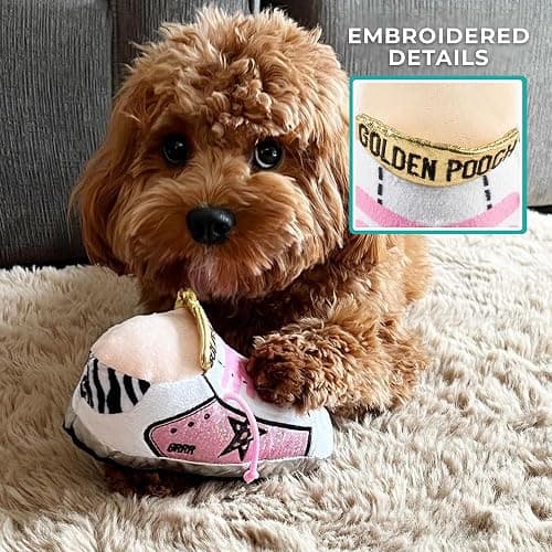 Haute Diggity Dog Pink Golden Pooch Tennis Shoe, Plush Designer Dog Toys with Interactive Squeaker, Stimulating Pet Enrichment, Machine-Washable & Safe Materials for All Breeds, One Size thumbnail 3