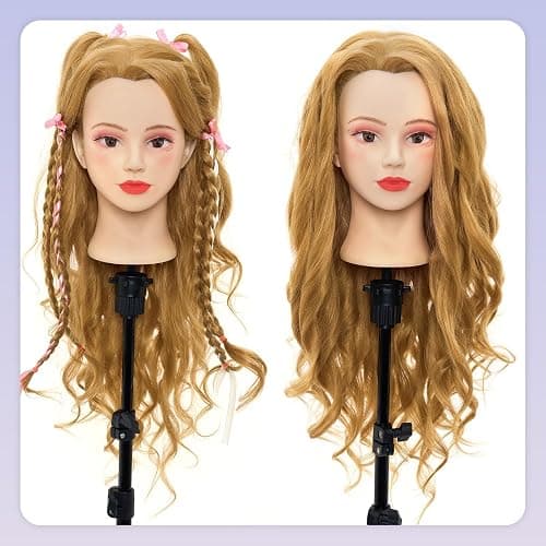 Mannequin Head with 80% Real Human Hair - 28 Inch Makeup Cosmetology Manikin Doll Head for Hair Styling, Training Practice Braiding Mannequin Head with False Eyelashes Hair Styling Set thumbnail 6