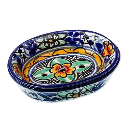 NOVICA Artisan Handmade Ceramic Soap Dish Colorful Painted Multicolor Mexico Decor Accessories Bathroom Vanity Talavera 'Cobalt Flowers' - Image 1