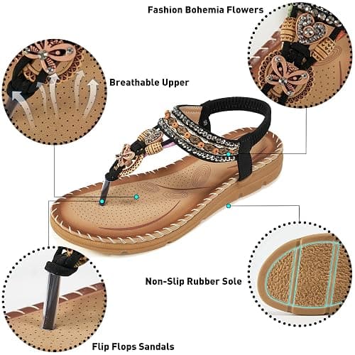 Aomigoct Sandals Women Flat Shoes: Dressy Summer Bohemian Flats Shoes for Women Sandals Comfortable Ankle Strap Outdoor Walking thumbnail 4