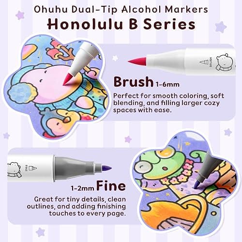 Ohuhu × Coco Wyo Coloring Set 48 Alcohol Markers& Coloring Book Brush& Fine | Co-branded Coloring Kit, 48-color Dual Tips Honolulu B, for Adults Beginners Artists Cozy Coloring, Great Gift Idea thumbnail 5